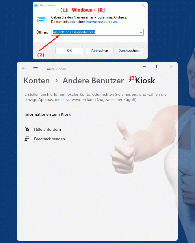 Windows Settings ms-settings:assignedaccess Einrichten von Zugriffsrechten für spezielle Anwendungen