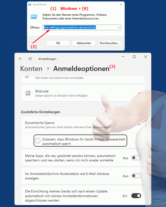 Windows Settings ms-settings:signinoptions-dynamiclock Einrichten von Anmeldeoptionen für den dynamischen Sperrbildschirm in Windows
