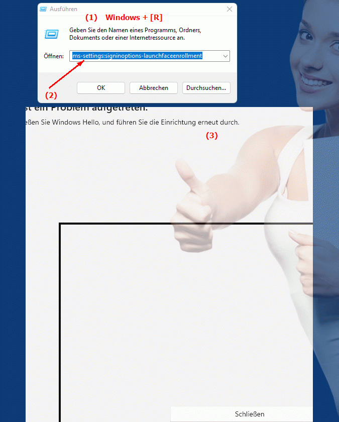 Windows Settings ms-settings:signinoptions-launchfaceenrollment Einstellungen zur Anmeldeoption mit Gesichtserkennung in Windows