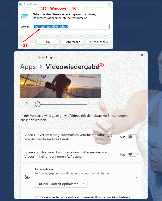 Windows Settings ms-settings:videoplayback Einstellungen zur Videowiedergabe auf Windows, anpassen der Wiedergabeoptionen