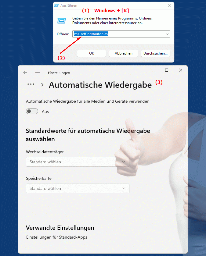 Windows Settings ms-settings:autoplay Einstellungen zur automatischen Wiedergabe von Medien in Windows ändern