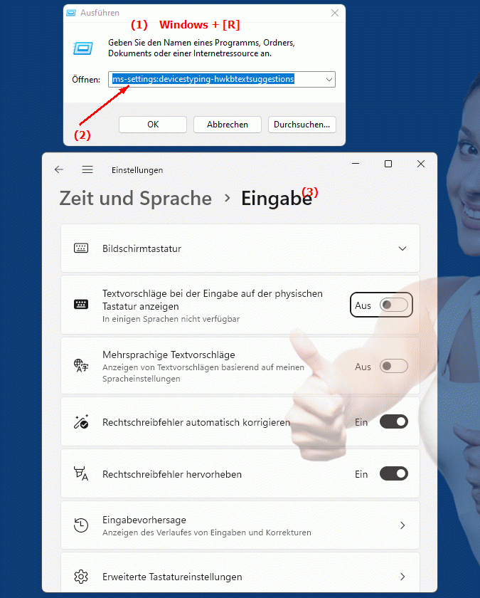 Windows Settings ms-settings:devicestyping-hwkbtextsuggestions Einstellungen zur Hardwaretastaturunterstützung