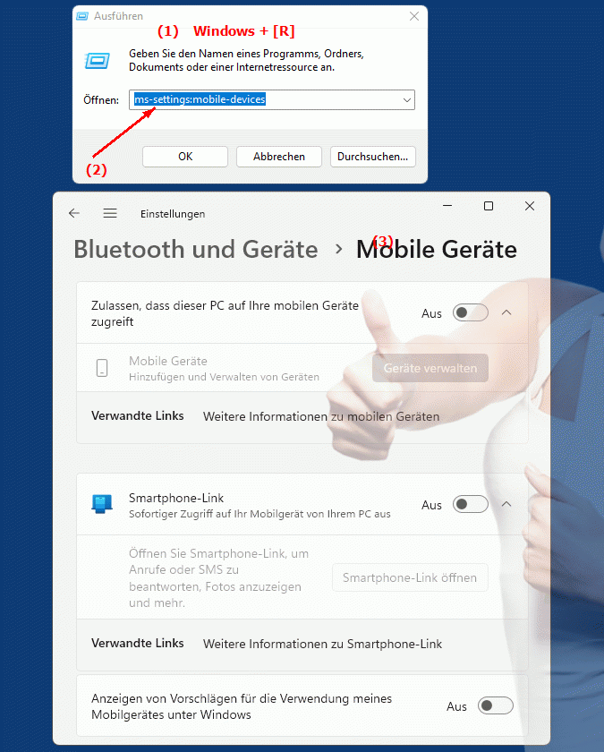 Windows Settings ms-settings:mobile-devices Einstellungen zur mobilen Geräteverwaltung in Windows