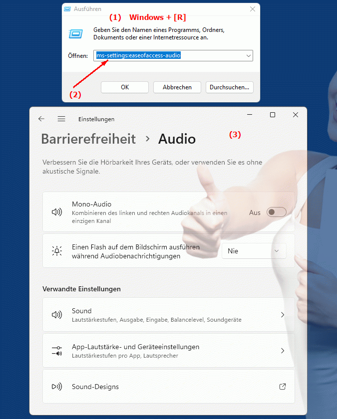 Windows Settings ms-settings:easeofaccess-audio Zugangsfachen Einstellungen - Audiomodus aktivieren