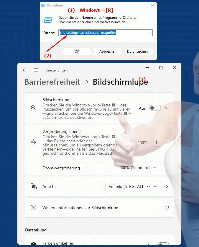 Windows Settings ms-settings:easeofaccess-magnifier Benutzerfreundliche Anzeigeeinstellungen für die Vergrößerung auf Windows