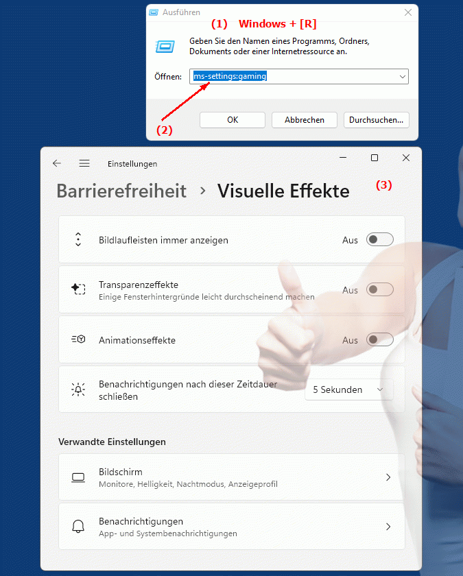 Windows Settings ms-settings:gaming Einstellungen zur Spieleoptimierung auf Windows