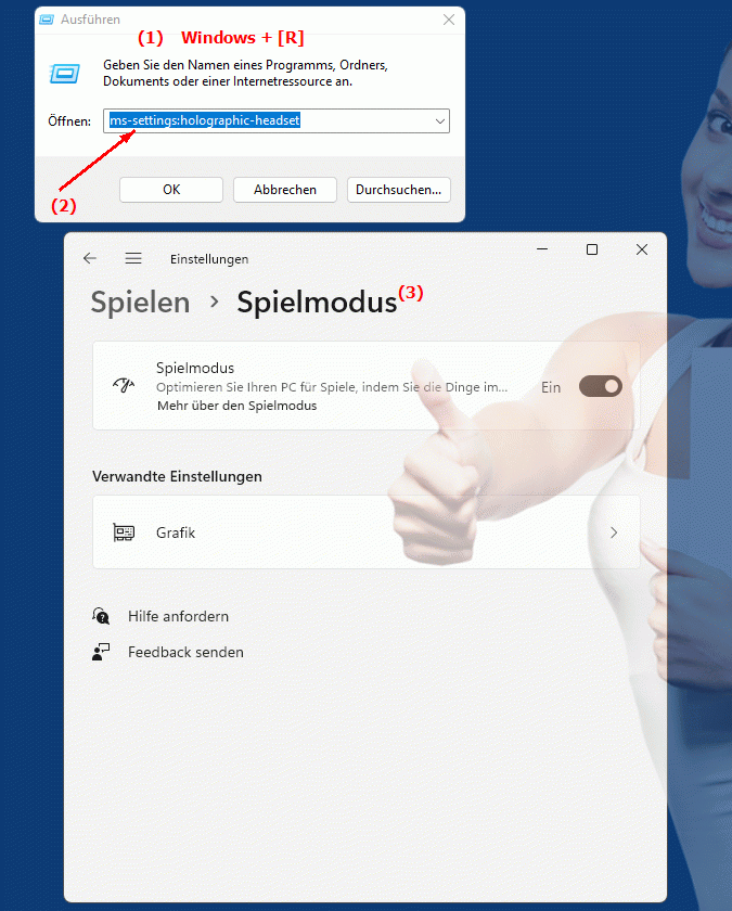 Windows Settings ms-settings:holographic-headset Hochdimensionale Erfahrungen mit Windows Mixed Reality