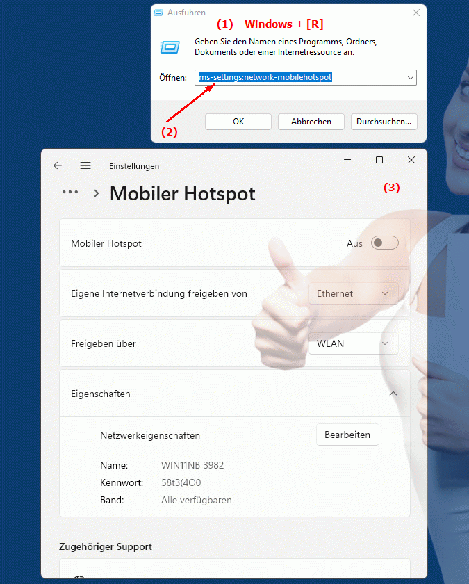Windows Settings ms-settings:network-mobilehotspot Netzwerk-Einstellungen für Mobilfunk-Hotspot auf Windows