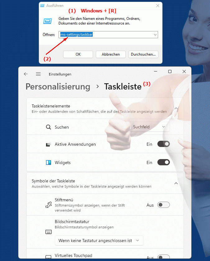 Windows Settings ms-settings:taskbar Einstellungen zur Taskleiste - Benutzerdefinierte Anpassungen auf Windows