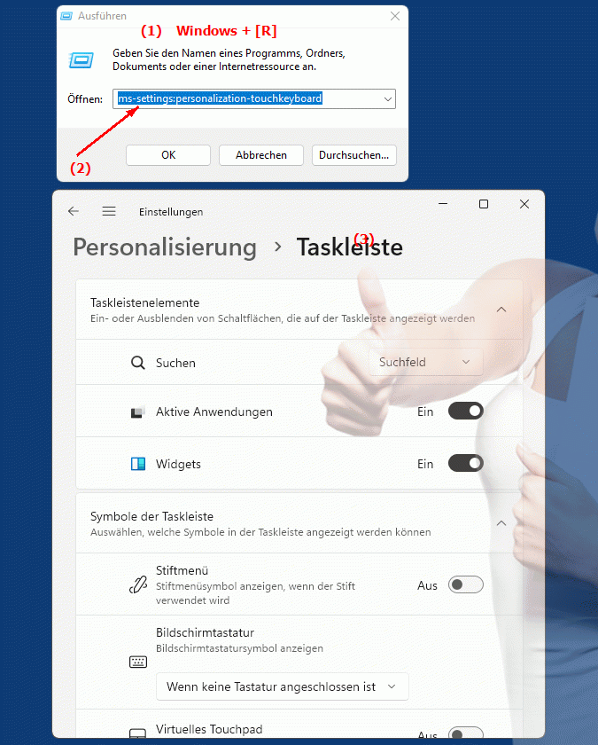 Windows Settings ms-settings:personalization-touchkeyboard Einstellungen zur persönlichen Gestaltung der Touch-Tastatur in Windows