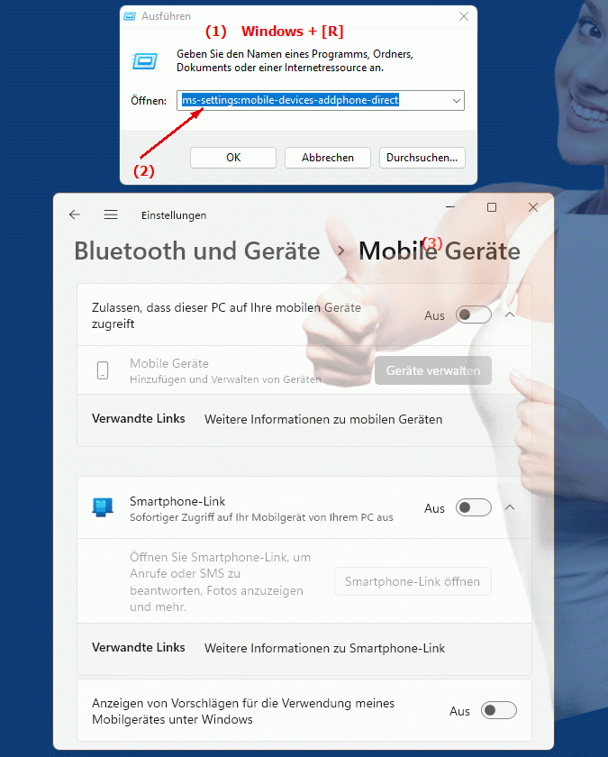 Windows Settings ms-settings:mobile-devices-addphone-direct Hinzufügen eines Mobiltelefons zu Windows über die Einstellungen