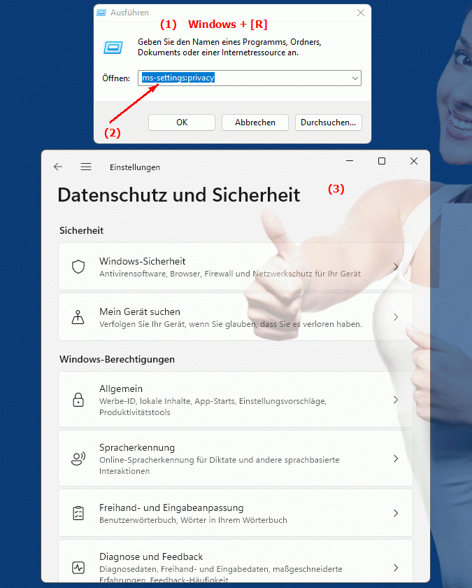Windows Settings ms-settings:privacy Einstellungen zur Datenschutzüberprüfung in Windows