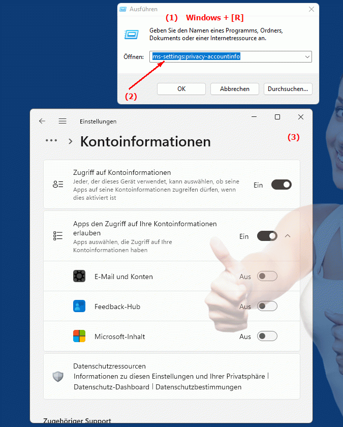 Windows Settings ms-settings:privacy-accountinfo Einstellungen & Privatsphäre in Microsoft-Konten