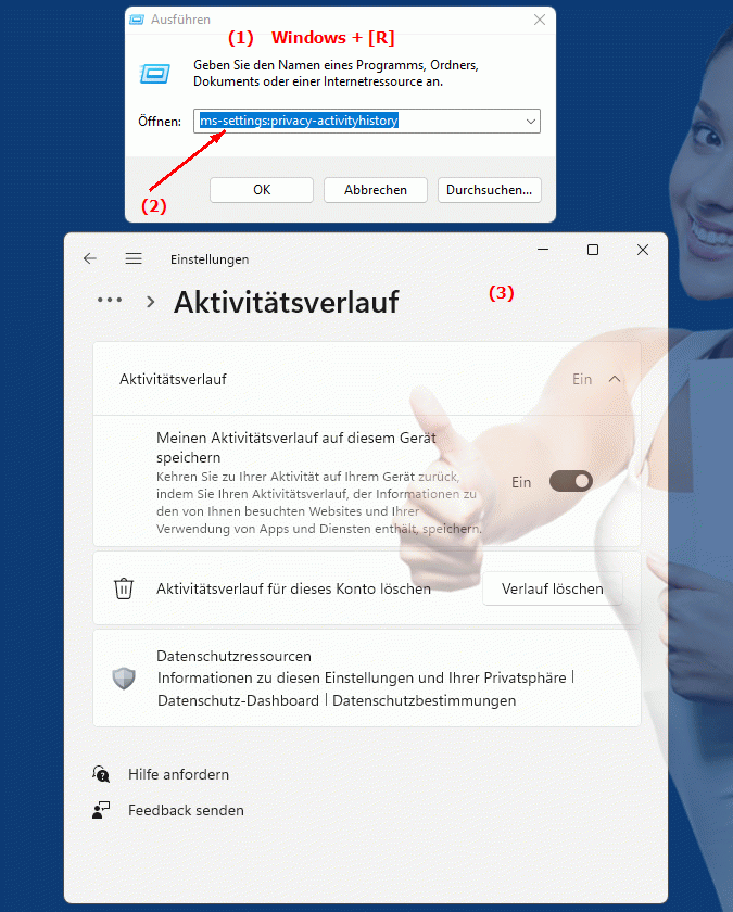 Windows Settings ms-settings:privacy-activityhistory Einstellungen zur Aktivitätsverlauf-Verwaltung in Windows