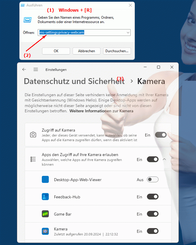 Windows Settings ms-settings:privacy-webcam Einstellungen zur Kamerazugriffsrichtlinie in Windows