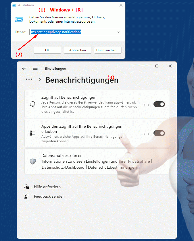 Windows Settings ms-settings:privacy-notifications Einstellungen und Datenschutz bei Benachrichtigungen in Microsoft Windows
