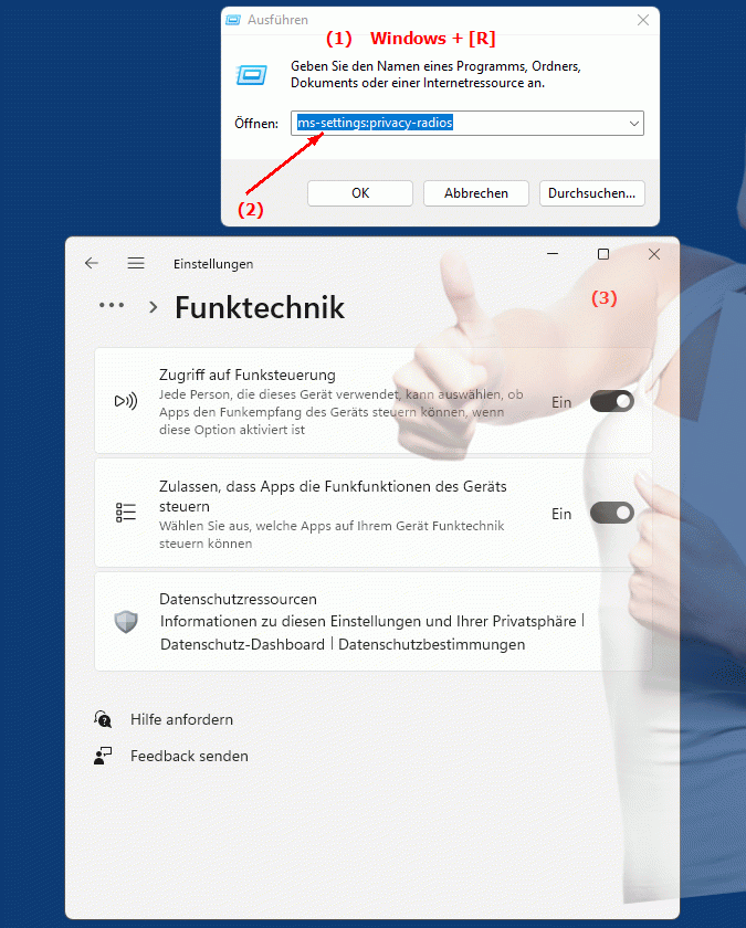 Windows Settings ms-settings:privacy-radios Einstellungen für Datenschutz und Funkdienste in Windows