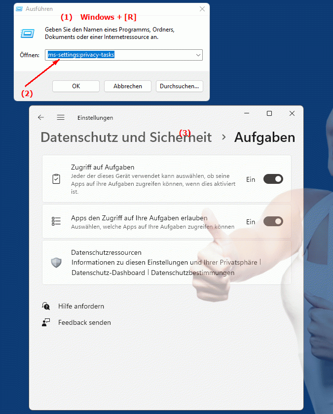Windows Settings ms-settings:privacy-tasks Einstellungen zur Aufgaben- und Aktivitätsdatenschutz in Windows