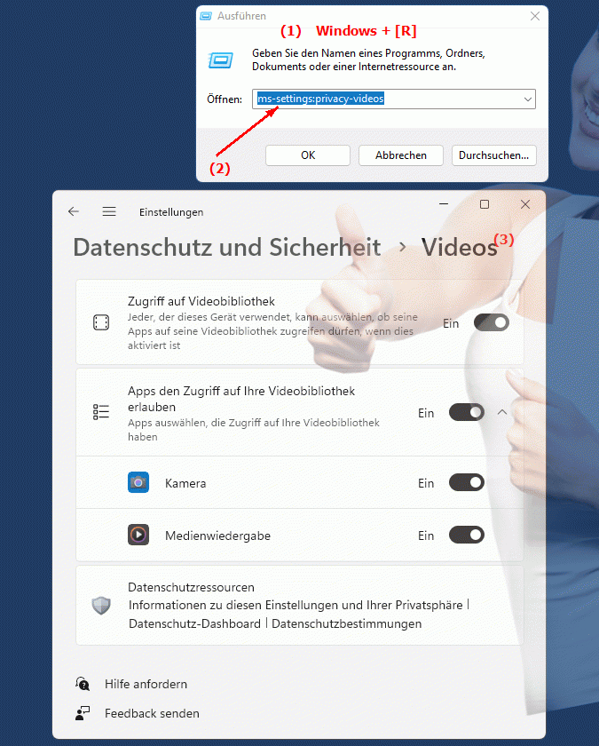 Windows Settings ms-settings:privacy-videos Einstellungen zur Videodatensicherheit und Privatsphäre in Windows