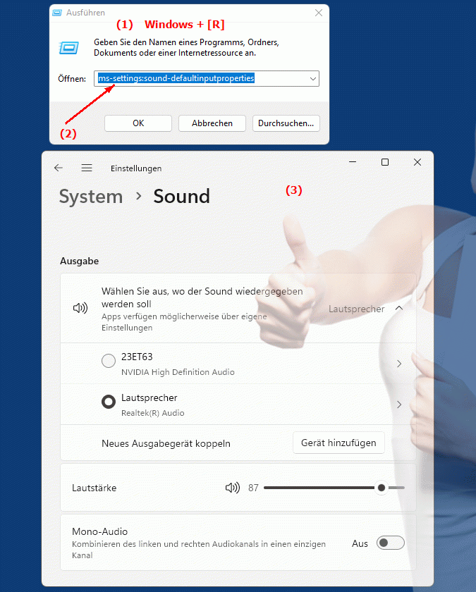 Windows Settings ms-settings:sound-defaultinputproperties Einstellungen zur Standard-Tonqualität und Audioeingabegeräte in Windows