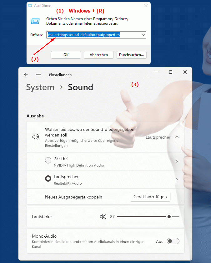 Windows Settings ms-settings:sound-defaultoutputproperties Einstellungen zur Standard-Audioausgabe in Windows
