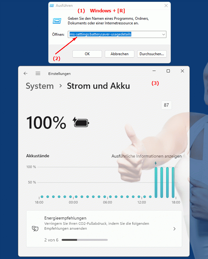 Windows Settings ms-settings:batterysaver-usagedetails Energieeffizienz und Batterieverbrauch auf Microsoft Windows - Einstellungen