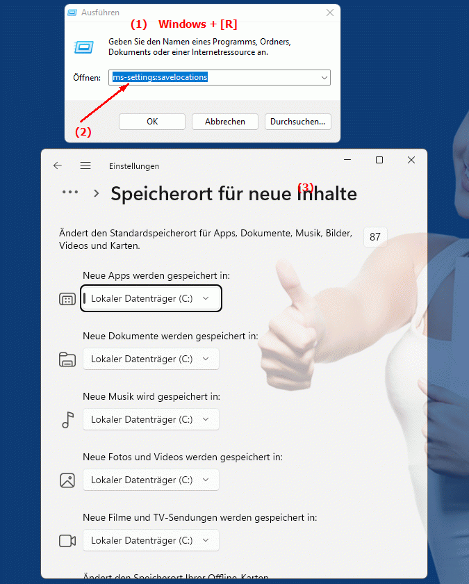 Windows Settings ms-settings:savelocations Einstellungen zur Speicherortbestimmung in Windows Benutzerhandbuch