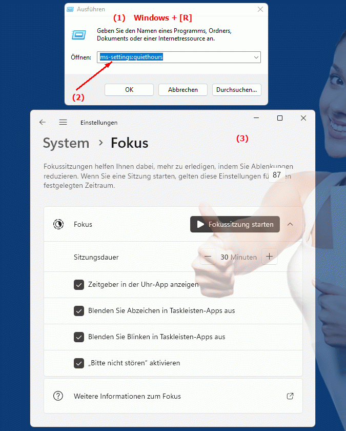 Windows Settings ms-settings:quiethours Einstellungen für Ruhezeiten in Windows - Benachrichtigungssteuerung