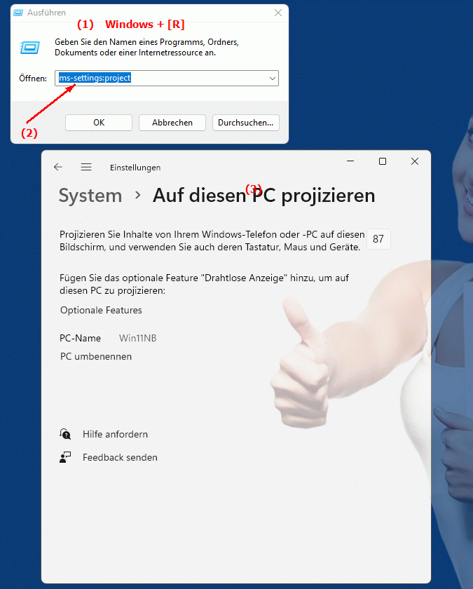 Windows Settings ms-settings:project Projektionseinstellungen in Windows - Externe Anzeige konfigurieren