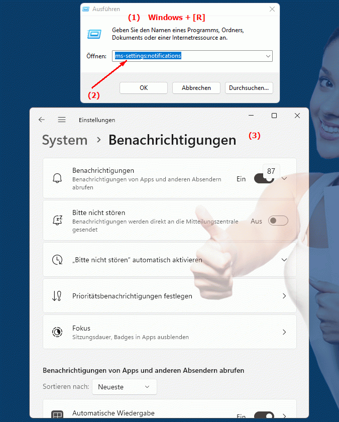 Windows Settings ms-settings:notifications Benachrichtigungseinstellungen in Windows - Kontrolle über Benachrichtigungen