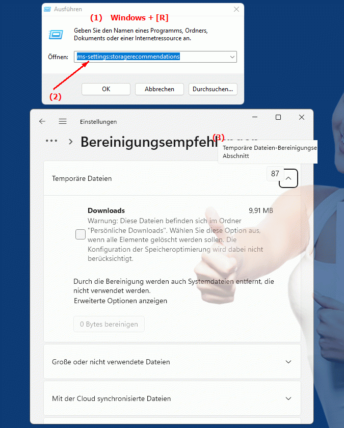 Windows Settings ms-settings:storagerecommendations Empfohlene Speicherkonfigurationen für Windows, empfehlungen zur optimalen Speicherverwaltung