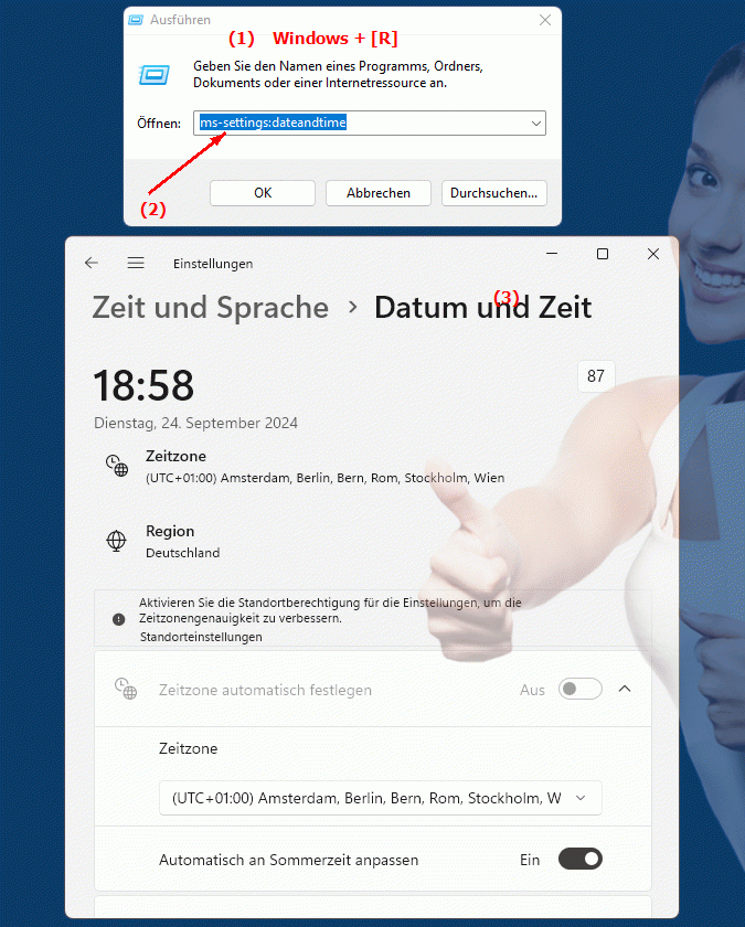 Windows Settings ms-settings:dateandtime Einstellungen für Datum und Uhrzeit in Windows - Zeitzone und Synchronisation
