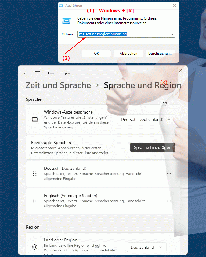 Windows Settings ms-settings:regionformatting Regionale Formatierungen in Windows - Anpassung der Anzeigeoptionen