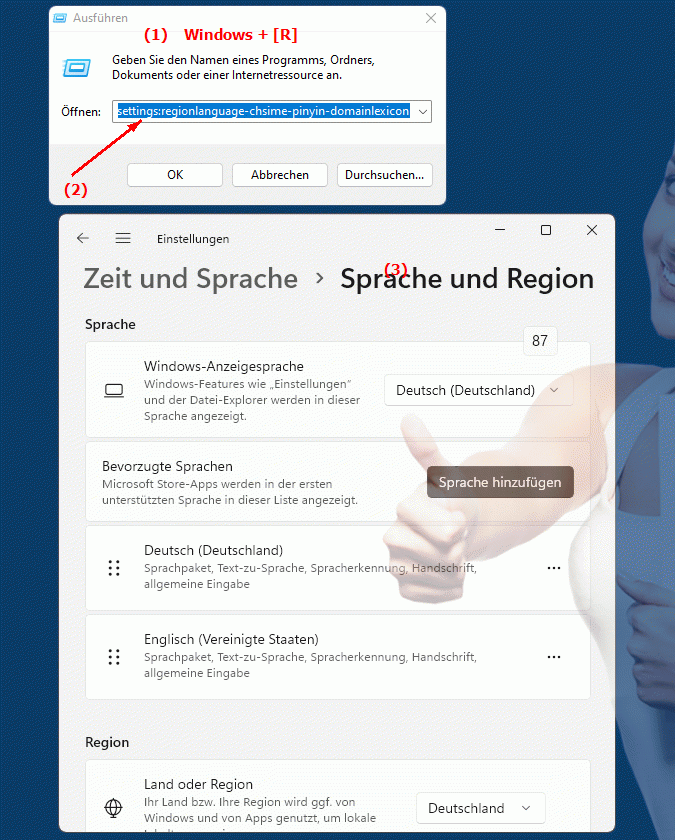 Windows Settings ms-settings:regionlanguage-chsime-pinyin-domainlexicon Einstellungen zur Region, Sprache und Pinyinpflanzendominik in Windows