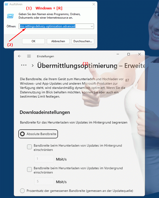 Windows Settings ms-settings:delivery-optimization-advanced Erweiterte Einstellungen für die Zustelloptimierung in Windows