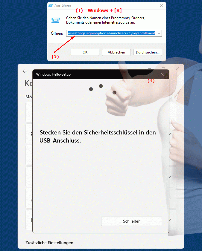 Windows Settings ms-settings:signinoptions-launchsecuritykeyenrollment Sicherheitsschlüsselregistrierung bei Microsoft-Einstellungen