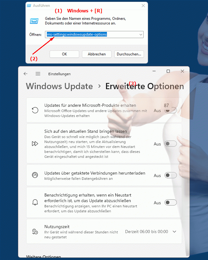 Windows Settings ms-settings:windowsupdate-options Optionen für Windows Updates und Verwaltung der Aktualisierungseinstellungen