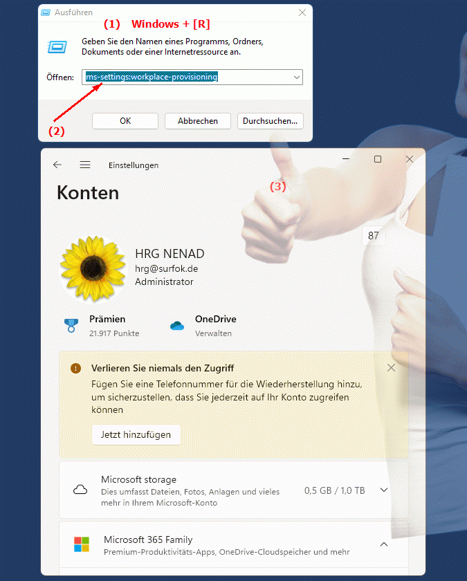 Windows Settings ms-settings:workplace-provisioning Arbeitsplatzbereitstellung in Windows - Verwaltung der Gerätebereitstellung