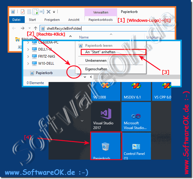 Platzieren Sie den Papierkorb im Startmen von Windows 10!