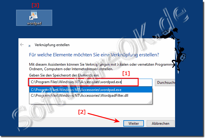 WordPad ber ein Desktop Button starten unter Windows 10!