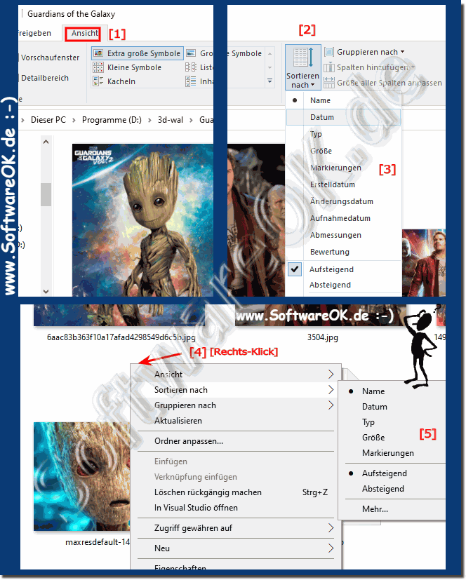 Sortierung bei Groe Symbole Ansicht eines Ordners in Windows 10!