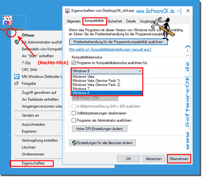 Kompatibilittsmodus x64 unter Windows-10!