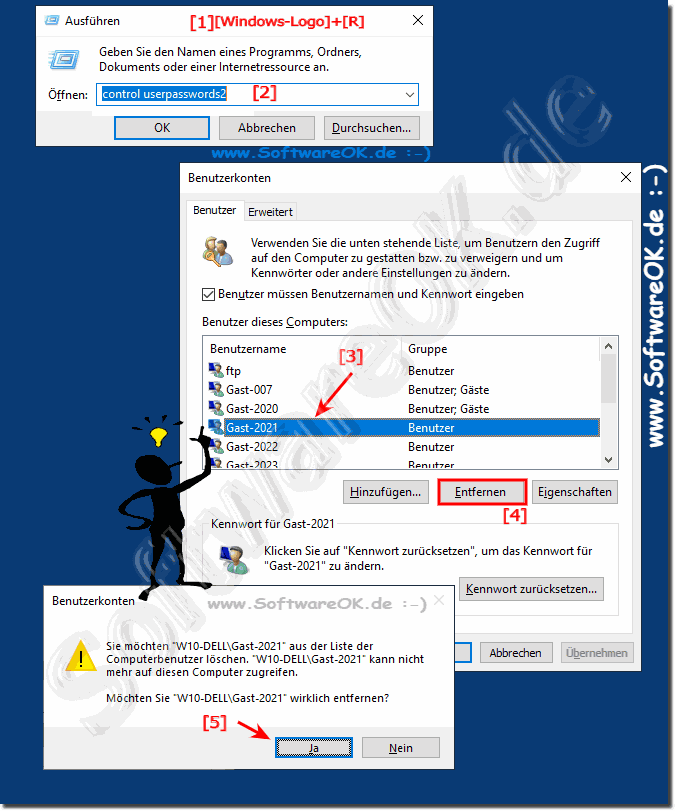 Mit dem Befehl control userpasswords2 Benutzer Lschen!