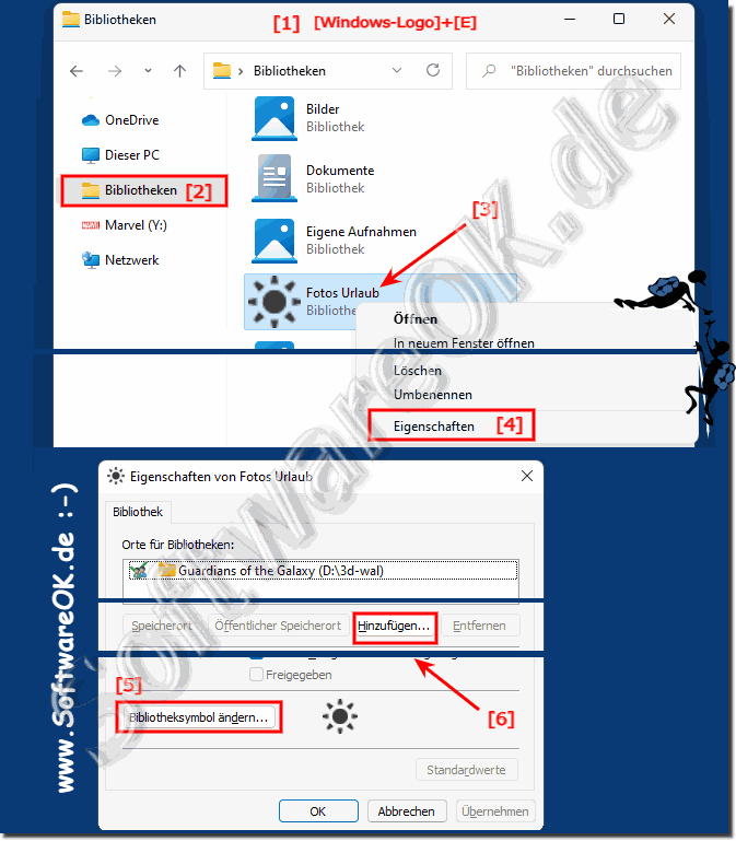 Bibliothek-Symbol ändern und weitere Ordner hinzufügen unter Windows 11!