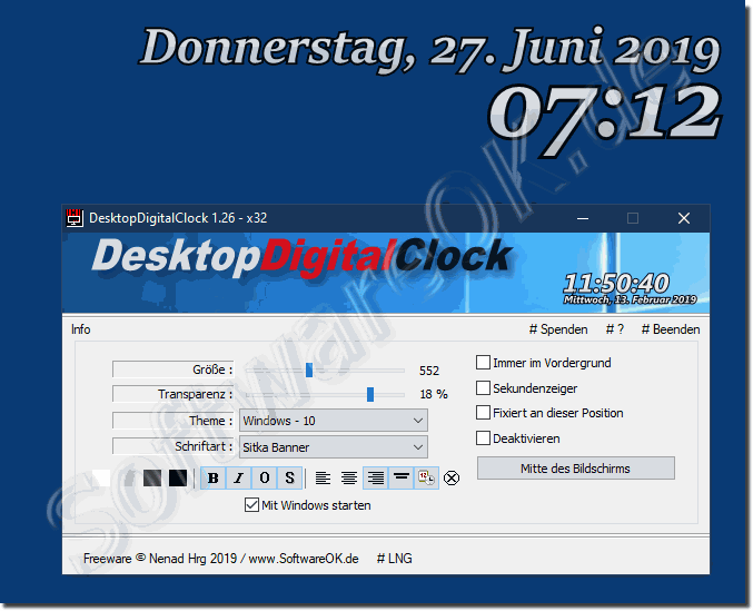 Einfache digitale Desktop-Uhr unter Windows 10, 8.1, 7!