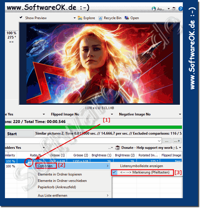 Linke und rechte Pfeiltaste zum Auswhlen / Abwhlen des Bildes in der Listenansicht!