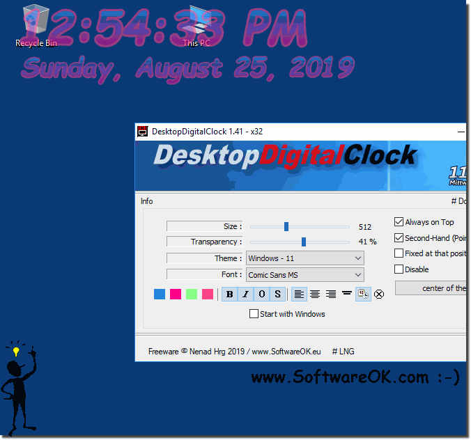 Digitale Desktop-Uhr plus optionale Transparenz unter Windows 10, 8.1, 7!