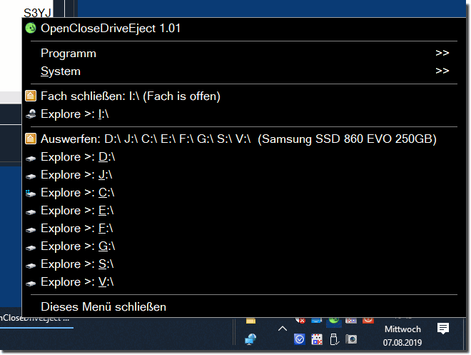 ffnen, Schlieen Laufwerk Auswerfen ber den Info-Bereich Bereich der Taskleiste!