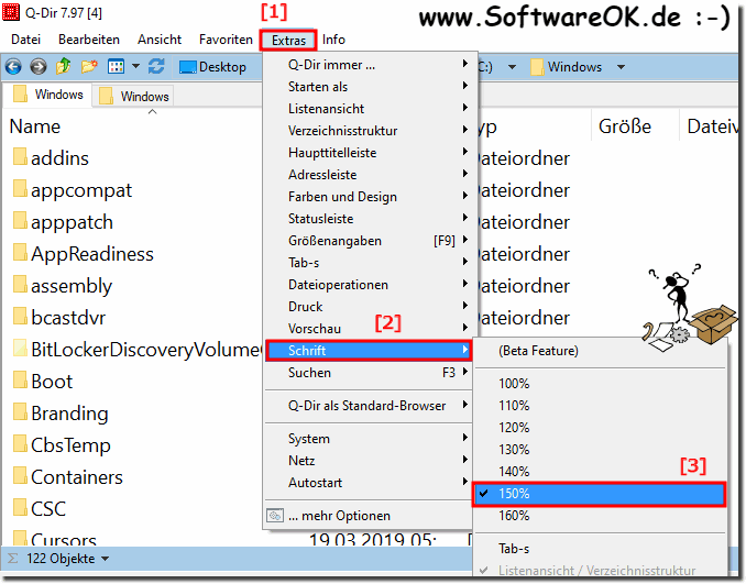 Schriftart im Quad-Explorer bei 150 Prozent unter Windows 10!