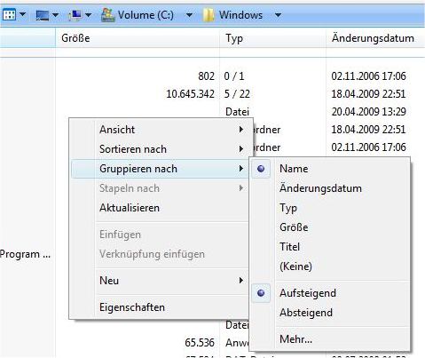 Gruppierung bei Vista und Window Sieben